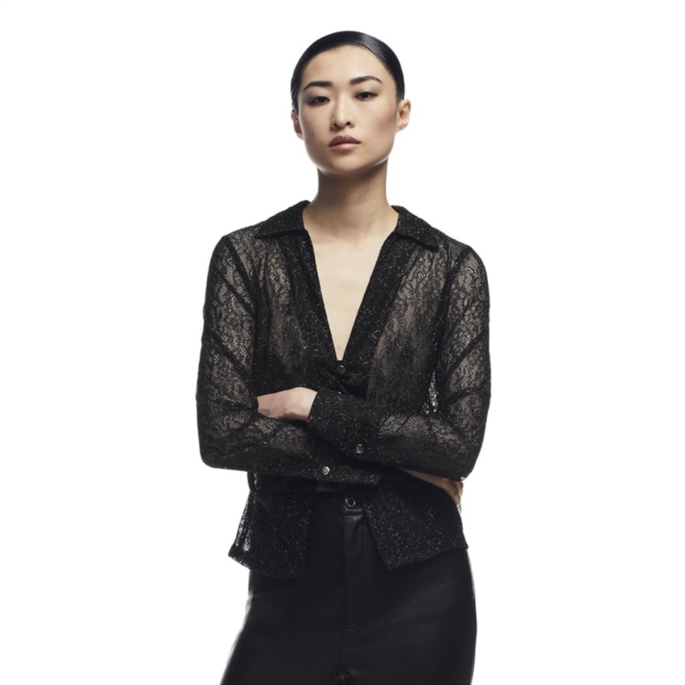 Zara Top sheer Lace Button Down
Shirt Black/Gold Women's Size Large